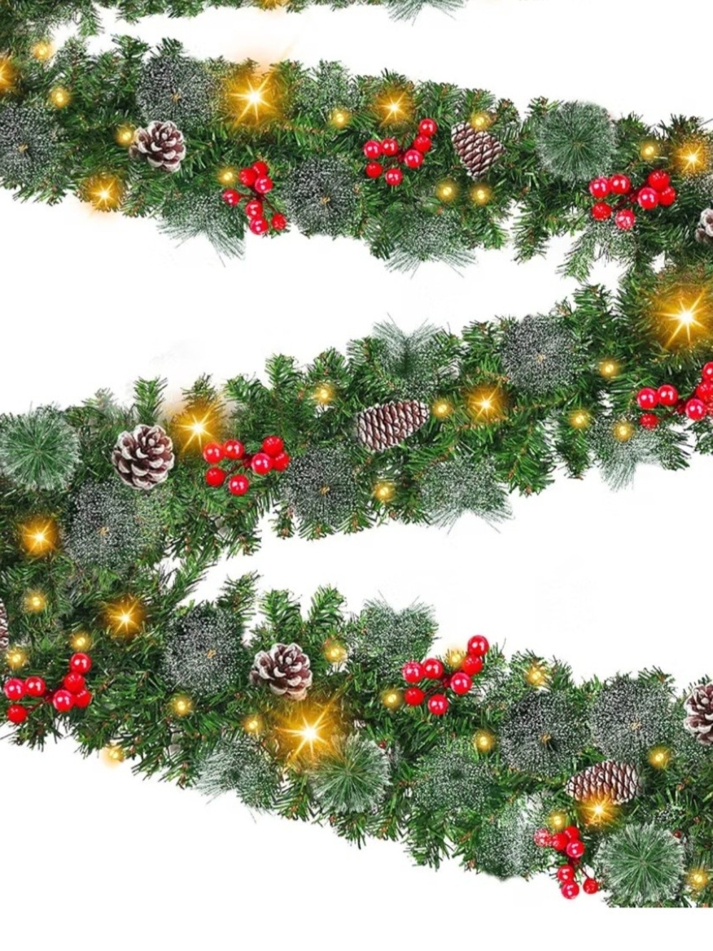 Green Pine Garland with Red Berries and Gold Lights. 9 Feet. NWT.